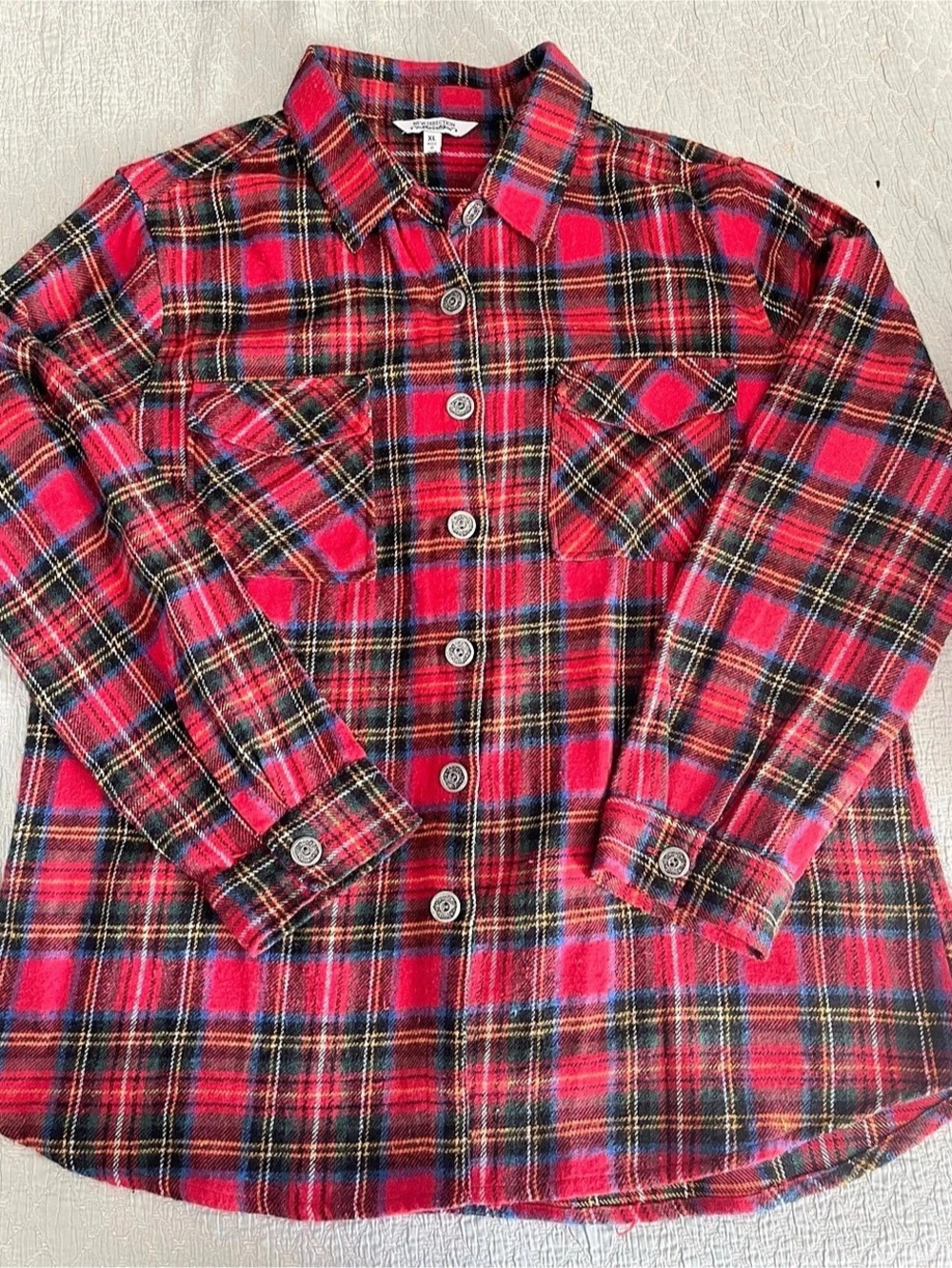 NEW DIRECTION LADIES CHRISTMAS RED PLAID FLANNEL SILVER BUTTON SHIRT SZ XL NWOT